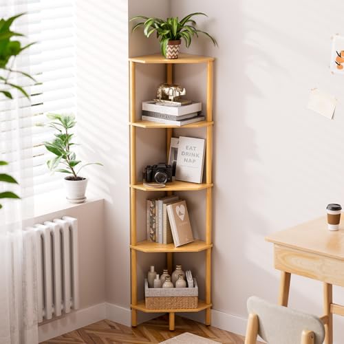 Corner Shelf, 5 Tier Bamboo Corner Bookshelf, 54" Tall Narrow Bookcase, Plant Stand, Corner Display Rack, Shower Caddy, Display Standing Shelf Organizer for Bedroom, Living Room, Kitchen, Home Office - size: 5 Tier