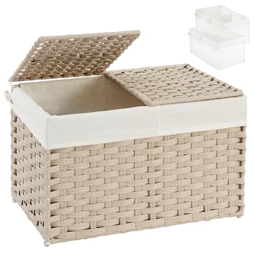 SETVSON Storage Basket with Lid Rattan Woven Storage Baskets with 2 Separate Lids, 17.2 Gallon (65 L) Wicker Storage Bins Foldable 2 Removable Liner Bags Handles for Bedroom, Laundry Room Light Khaki - color: Light Khaki, size: 65L-22L*13W*13.8H