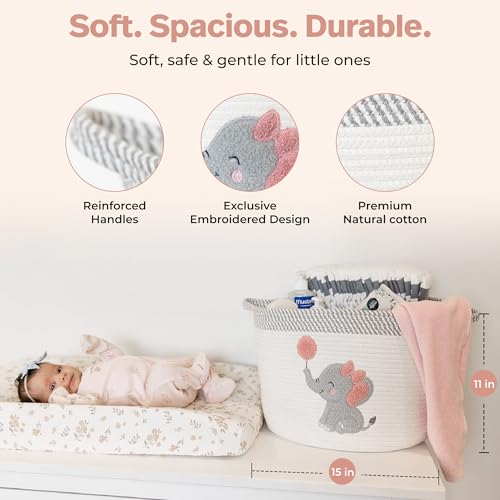 Elephant Storage Basket for Nursery – Large 15”x11” Cotton Rope Bin with Soft Felt Elephant Patch – Toy Organizer, Baby Laundry Hamper, Diaper & Towel Holder – Foldable, Washable & Baby-Safe - color: Girl Elephant