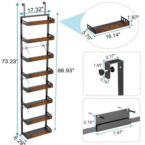 BUKFEN 8-Tier Over the Door Pantry Organizer, 2-in-1 Door Hanging or Wall Mounted Spice Rack, Heavy Duty Metal Storage Shelves with Adjustable Wooden Baskets for Kitchen Bathroom Closet - color: Black pole wood color, size: 8 Tier
