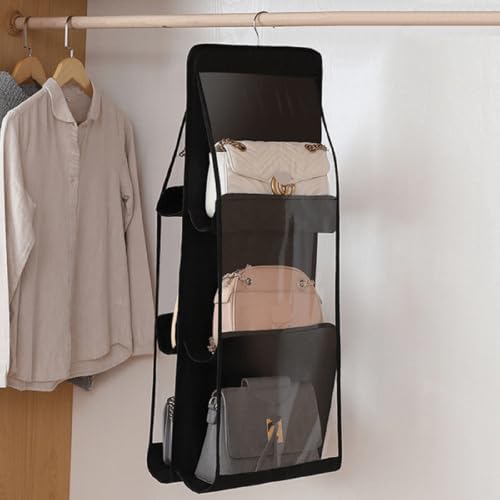 Space Saving Hanging Purse Organizer 6 Pockets Closet Wardrobe Handbag Pocketbook Storage - color: Black, size: 1-Pack