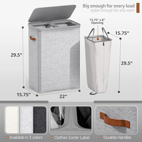 Sorbus Laundry Hamper with Lid - Collapsible 2-Compartment Fabric Laundry Basket with Handles and Removable Laundry Bag – 45 Gallon (170 L) Dirty Clothes Hamper for Bedroom, bathroom and dorm (Gray) - color: Gray, size: 2 Compartment