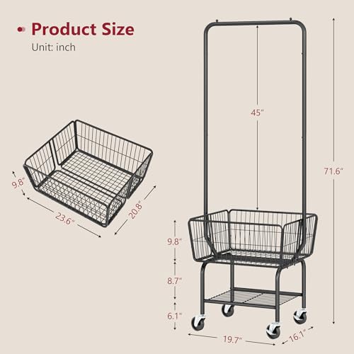 Tajsoon Laundry Cart with Hanging Rack, Metal Laundry Basket with Wheels, Laundry Hamper with Storage Basket and Shelf, Rolling Laundry Cart with Wheels, Black - color: Black