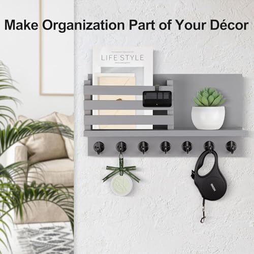 Lwenki Key Holder for Wall – Decorative Wooden Mail Holder and Key Shelf with Mounting Hardware, Installation Guide – Paulownia Wood with Metal Key Hooks (Gray, Extra Large - 15.6inch) - color: Gray, size: Extra Large - 15.6inch