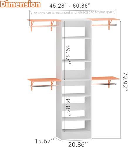 Closet System, Closet Organizer System With Adjustable Shelves, Walk-In Closet Storage System With 5 Hanging Rods, Adjustable Cloth Garment Rack, Fits Spaces 3 to 5FT, White - color: ‎6 shelve, size: 1 PC