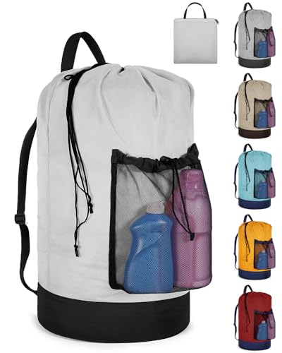 Laundry Bag with Shoulder Straps and Mesh Pocket Laundry Backpack Large Portable Laundry Hamper for College Laundromat Apartment - color: White & Black