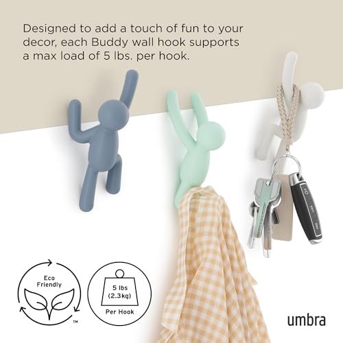 Umbra Buddy Wall Hooks – Decorative Wall Mounted Coat Hooks for Hanging Coats, Scarves, Bags, Purses, Backpacks, Towels and More, Set of 3, White/Grey/Mint - color: White/Mint/Blue