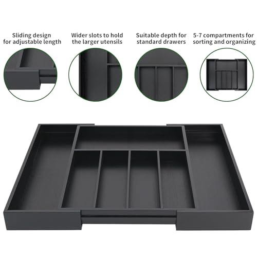 VaeFae Premium Bamboo Drawer Organizer, Expandable Silverware Drawer Organizer, Cutlery Tray with Dividers for Kitchen Utensils (Black, Large) - color: Black, size: Large