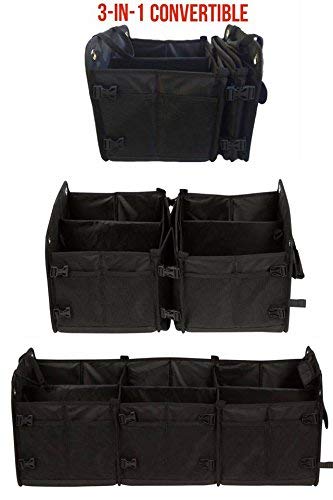 Tuff Viking Convertible Large 3 Compartment SUV Trunk Organizer | Truck Bed Organizer with Cover for Trucks, Cars, SUVs and Groceries. PATENTED (4-in-1 with Cover, Black) - color: Black, size: 3-in-1 with Cover