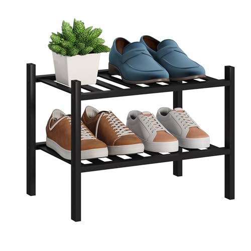 BMOSU 2-Tier Bamboo Small Shoe Rack Premium Stackable Shoe Shelf Storage Organizer for Hallway Closet Living Room Entryway Organizer (Black Bamboo) - color: Black Bamboo, size: Small-2-Tier（17*11*12.6inches）