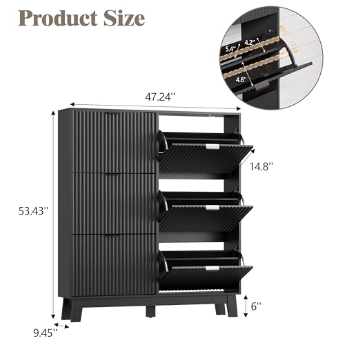 HUANLEGO Shoe Cabinet Storage for Entryway with 6 Flip Drawers, Fluted Narrow Shoe Organizer with Wooden Legs, Freestanding Slim Shoe Storage Hidden Shoe Rack Organizer for Front Door Entrance, Black - color: Black, size: 6 Drawer