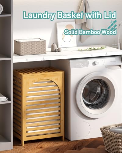 Laundry Hamper, 22.5 Gallon (85L) Bamboo Wood Clothes Laundry Basket with Lid and Handles, Removable Liner (Natural, Large) - color: Natural, size: Large