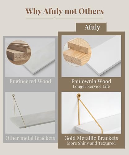Afuly Floating Shelves for Wall, Metallic Gold White Wall Mounted Shelves, Shelves for Bathroom Kitchen Bedroom Solid Wood Metal Chic Bookshelf, Set of 2 - color: White & Gold, size: 5.7"D x 16.5"W