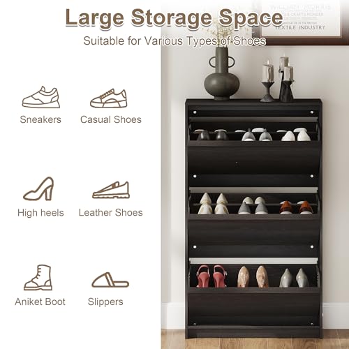 Shoe Cabinet with 3 Flip Drawers, 23.62" W Narrow Shoe Storage Cabinet for Entryway, Slim Shoe Organizer with Adjustable Shelves, Freestanding Shoe Rack for Hallway, Living Room, Black - color: Black, size: 9.45"D x 23.62"W x 45.47"H