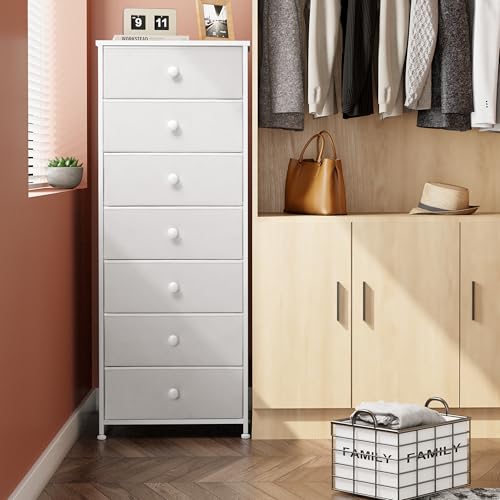 Crestlive Products Tall Dresser, 7-Drawer Fabric Storage Tower, Chests of Drawers - Vertical Organizer Unit for Bedroom, Hallway, Entryway, Nursery, Closets - Steel Frame, Wood Top & Handles (White) - color: White, style: Narrow-7 Drawers