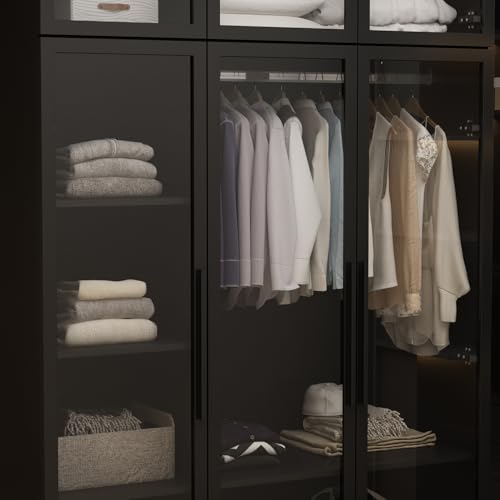 Hitow Glass Display Cabinet with LED Lights, Modern Curio Cabinet with Glass Doors, Tall Glass Display Case with Hanging Rod & 5 Tiers Shelf, Large Black Storage Organizer for Collectibles, 47.2" W - color: 3 Door - Black