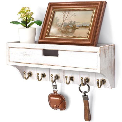 Rebee Vision Pine Wood Key Holder Wall Mount with Drawer Organizer for Farmhouse Decor – Mail Organizer with 6 Sturdy Key Hooks and Storage Drawer – Room Decor for Apartment Essentials (Whitewash) - color: Whitewash, style: 1-Drawer