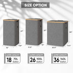BALEINE Laundry Hamper with Lid, Tall Laundry Baskets with Bamboo Pull Handles, Large Laundry Bin with Internal Support (26 Gal/100L, Grey) - color: Grey, size: 100 liters