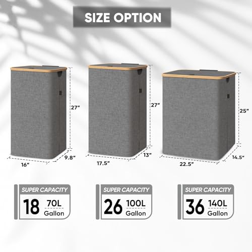 BALEINE Laundry Hamper with Lid, Tall Laundry Baskets with Bamboo Pull Handles, Large Laundry Bin with Internal Support (36 Gal/140L, Grey) - color: Grey, size: 140 liters