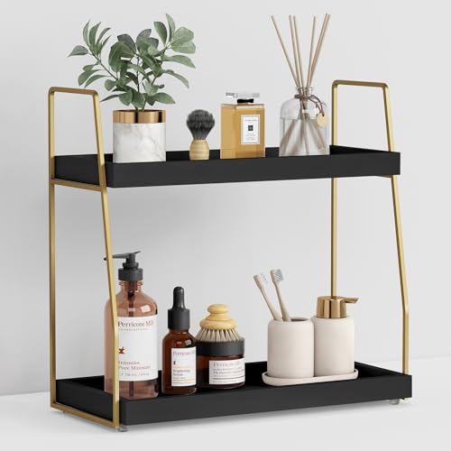 Forbena Black and Gold Bathroom Organizer Countertop, 2 Tier Counter Organizer for Bathroom Decor, Modern Sink Shelf Organizers for Vanity Storage, Make upTray for Makeup Bedroom - color: Black-gold