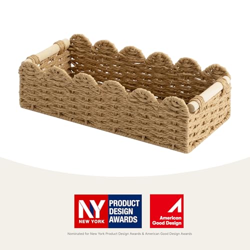 StorageWorks Toilet Paper Basket 2 Pack, Back of Toilet Basket with Wooden Handles, Small Wicker Decorative Scalloped Baskets for Organizing, Bathroom Storage, Brown Rope Baskets - color: Paper Rope(Brown), size: 14" L × 6¼" W × 4" H