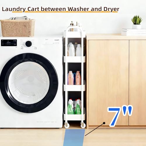 4 Tier Slim Kitchen Storage Cart for Narrow Space, 7.1'' Wide Metal Rolling cart with Wheels and Lockable Casters, Sturdy Mobile Thin Shelf for Laundry Room Between Washer and Dryer, White - color: White, size: 4 tier