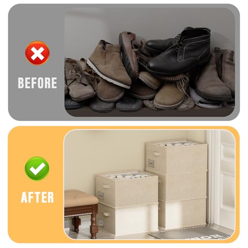 FHSQX 4 Pack Shoe Organizer for Closet,Foldable Shoe Organizer,Fits up to 48 Pairs,Storage Containers With Bottom Support for Shoes (Beige, (16.5 * 12.6 * 9.5) x4) - color: Beige