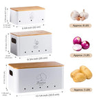 Metal Potato Onion and Garlic Storage Tin Set of 3, White Kitchen Vegetable Canisters with Bamboo Lid and Aerating Holes, Stackable Kitchen Keeper Storage for Countertop Pantry - color: A - White Vegetable Canisters