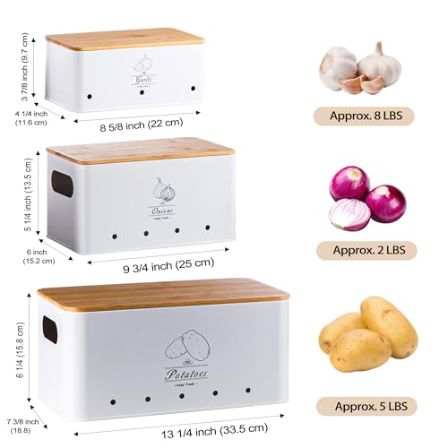 Metal Potato Onion and Garlic Storage Tin Set of 3, White Kitchen Vegetable Canisters with Bamboo Lid and Aerating Holes, Stackable Kitchen Keeper Storage for Countertop Pantry - color: A - White Vegetable Canisters