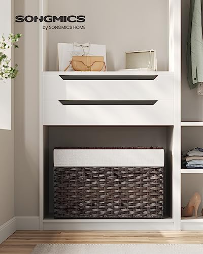 SONGMICS Storage Basket with Lid, Woven Blanket Storage Bin with Handles, Foldable, Removable Liner, Metal Frame, for Bedroom, Laundry Room, 27.7 Gallons (105 L), Brown URST066K01 - color: Brown, size: 105 L