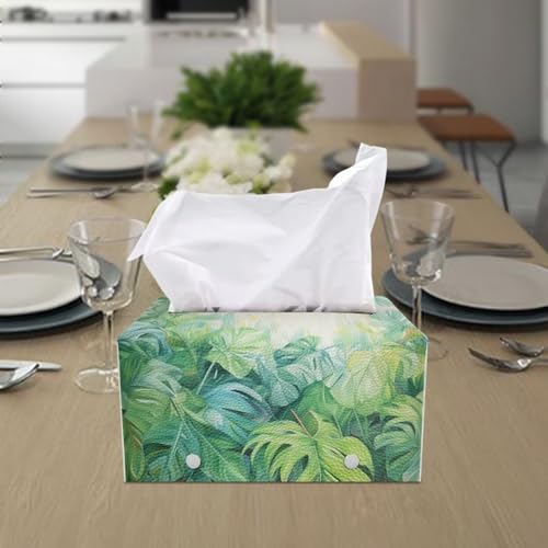 Green Palm Leaves Leather Tissue Box Cover PU Leather Facial Tissue Tissue Box Cover Rectangle Square Leather Tissue Cover Decorative Organizer for Bathroom Vanity Countertop - color: Green Palm Leaves