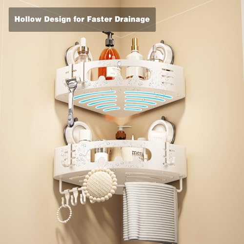 Voldra Corner Shower Caddy Suction Cup, Aluminum Corner Shower Shelves for Wall No Drilling, Large Suction Cup Shower Organizer with Towel Bar & Hooks Removable Bathroom Storage(2 Pack-Cream White) - color: Cream White-Corners, size: 2 Pack