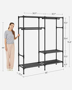 SONGMICS Heavy Duty Clothes Rack, 65 Inch Freestanding Portable Wardrobe with Hanging Rails and Shelves, Total Load 242 lb, Easy Assembly, for Cloakroom, Bedroom, Black URDR201B02 - size: 65"L x 17.7"W x 74.8"H