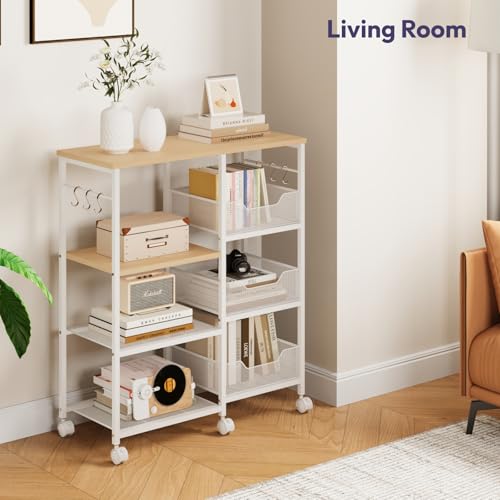 SWTYMIKI Kitchen Island Cart on Wheels - 4 Tier Rolling Kitchen Table Cart with Storage Shelves, 6 Removable Hooks& Locking Casters, Coffee Bar Cabinet for Dining Room Pantry Office, White - size: 28x11.81in, style: White