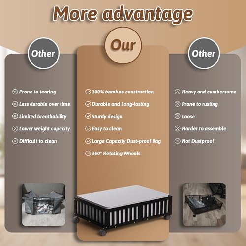 Bamboo Under Bed Storage Containers with Wheels, 2 Pack Under the Bed Shoe Storage Bins, Wood Rolling Underbed Drawers Organizer for Bedroom, Closet, Clothes Blanket Comforter and Under Crib Toy Black - color: Black, size: 2 PCS (23.62"×16.54")