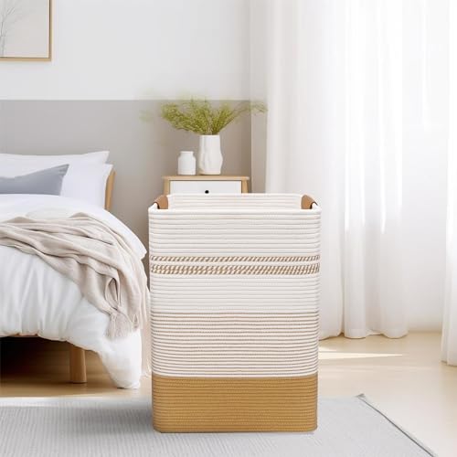DOFASAYI Laundry Hamper - 85L Large Laundry Basket with Leather Handles, Decorative Storage Basket for Blankets - Clothes Hamper for Living Room, Bedroom, Jute & White - color: Jute & White, size: 85L