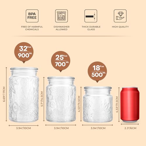 Adodeen 24oz Wide Mouth Mason Jars, 3-Pack Glass Jars With Lids, Pickle Canning Jars For Candy, Sugar, Coffee, Tea, Spice, Cookie, Dishwasher Safe - color: Glass Lid-Sunflower/Bigonia/window(24oz)