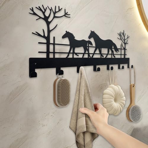 Metal Horse Key Holder for Wall,Metal Key Organizer Wall Decorative with 7 Hooks,Black Wall Mount Key Holder for Entryway,Front Door,Hallway,Office - color: Horse