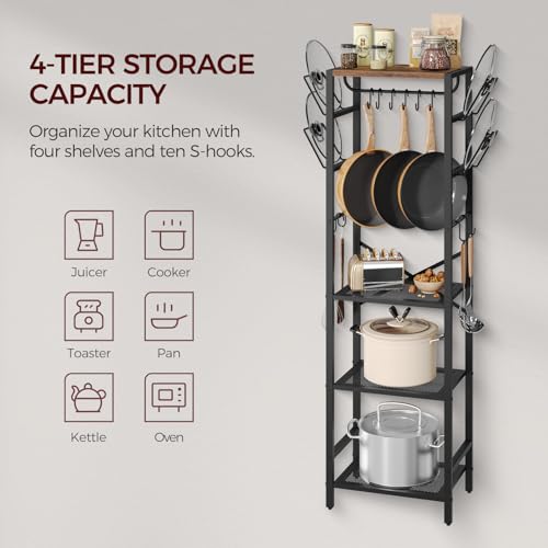 MAHANCRIS 4-Tier Pot Rack, Pots and Pans Organizer for Kitchen, Lid Organizer Rack with U-Shaped Lid Holders, Kitchen Storage Shelf for Standing Cookware, Rustic Brown and Black POHR3001 - color: Rustic Brown and Black