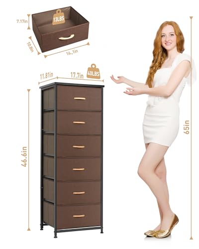 Mifuro Tall Dresser for Bedroom with 6 Drawers, Vertical Storage Organizer Tower, Chest of Drawers with Fabric Bins, Steel Frame, Wood Top for Bedroom, Closet, Entryway- Brown - color: Brown, size: 6 Medium Drawers