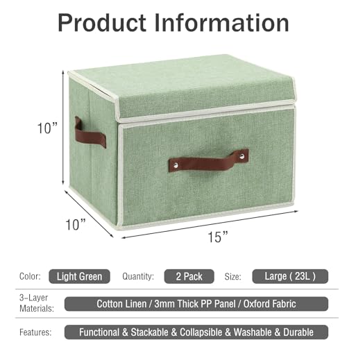 2PCS Storage Bins Box with Lids Front Opening Window Decorative Cotton Linen Fabric Basket PU Leather Handles PP Board Foldable Washable Shelf Closet Organizer Container (Light Green, Large) - color: Light Green, size: Large ( Pack of 2 )