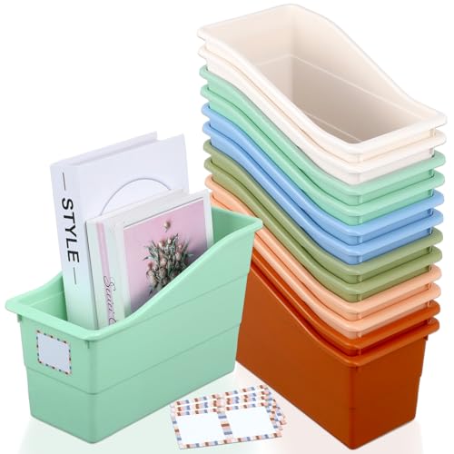 12 Pack Large Book Bins, Durable Magazine Organizer File Holder High-Quality Plastic Book Storage Bins with Labels for Classroom Library, Office, Desktop Organization, Bookshelf Categorization (Boho) - color: Boho