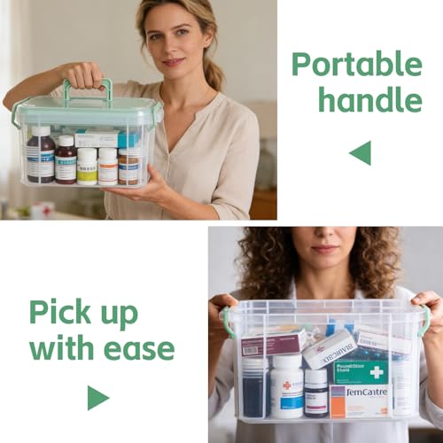 2 Pack Clear Medicine Organizer Box with Handle Thickened Plastic Medicine Cabinet with Tray First Aid Box Empty Multipurpose Medical Container Medication Caddy for Home Travel Dorm