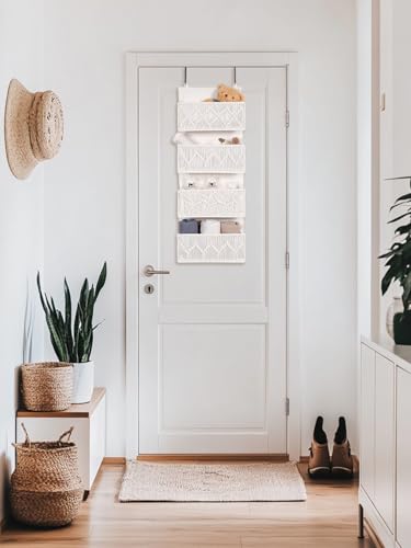 Macrame Over the Door Organizer Boho Decor Nursery Storage, Leaf Weaving Closet Organizers and Storage，with 4 Hanging Pockets, Behind Door for Bathroom, Bedroom - color: Beige