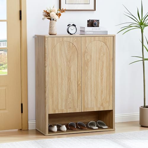 Shoe Cabinet, 5 Tier Wooden Shoe Storage Organizer Cabinet with Adjustable Shelves, Shoes Rack Accent Cabinet for Entryway Hallway Living Room, Natural - color: Natural