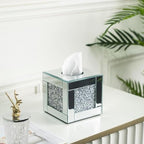 Mirrored Tissue Box Cover Holder, Square Glass Facial Tissue Holder with Crushed Diamond Crystals, Luxury Facial Paper Organizer Dispenser for Bathroom, Vanity Countertop, Tabletop, Silver