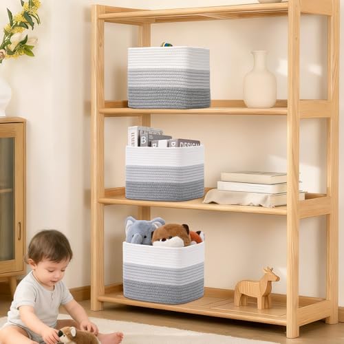 3 Pack Cube Storage Bin, 9”x9”x7” Cotton Rope Woven Baskets for Organizing Toys Clothes Towels, Square Gift Storage Baskets for Shelves, Nursery, Closet, Bathroom, Pantry (3-Tone Gray) - color: 3-Tone Gray, size: 9" x 9" x 7"