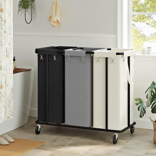 WOWLIVE Laundry Hamper with Wheels 260L Rolling Laundry Basket 3 Section Organizer Laundry Cart with Steel Frame and Removable Bags Large Dirty Clothes Hamper Dorm Room Storage for Bedroom - color: Black + Beige + Grey, size: 260L (35.4×16.1×31.5in)