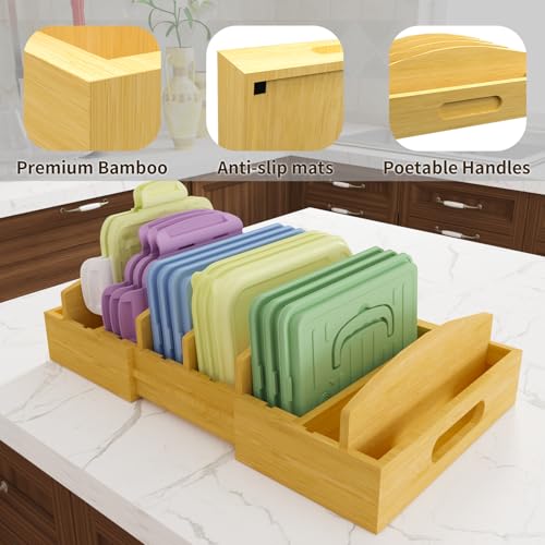 Lid Organizer for Cabinet – Bamboo Kitchen Storage for Plastic Lids, Adjustable Drawer Dividers, Food Container Organizer (Fits Cabinets & Drawers) (Large) - size: Large