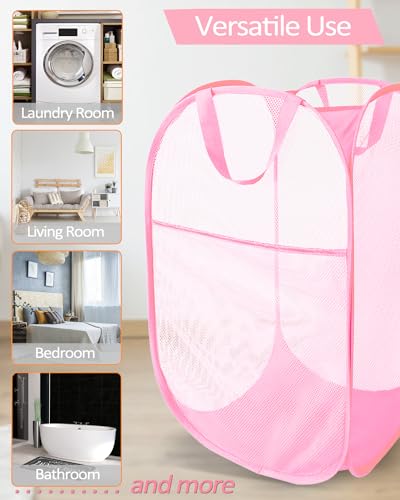 Durable Collapsible Laundry Baskets - Reinforced Mesh Pop Up Laundry Hamper with Side Pocket, Foldable Clothes Storage Hamper with Carry Handles for Laundry, Bathroom, Kids Room, Dorm or Travel Pink - color: Pink, size: Pop Vertical